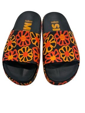 Simon Miller x Melissa Collab Women's Black Slides with Orange and Yellow Floral